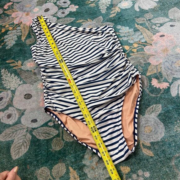 J. Crew One Piece Swimsuit Womens Sz 8 Blue White Striped One Shoulder Ruched - Picture 13 of 16